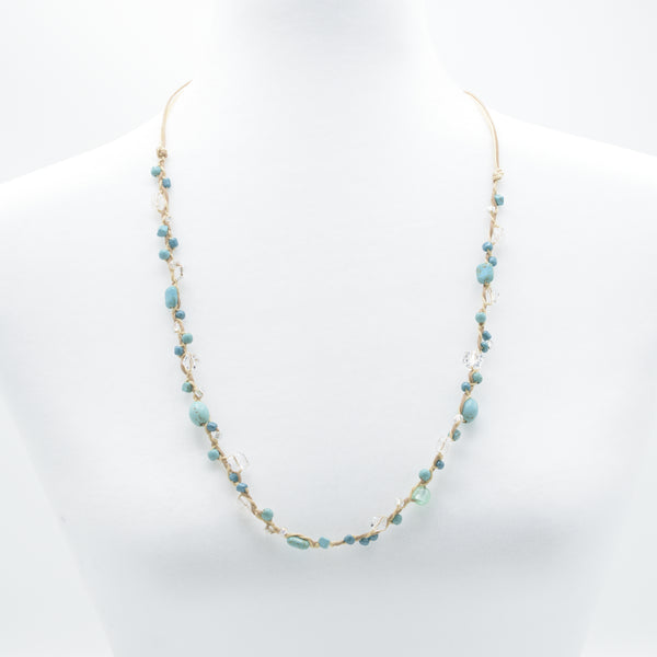 artisan hand crafted long necklace with 3 cotton cords braided and embellished with crystals and beads
