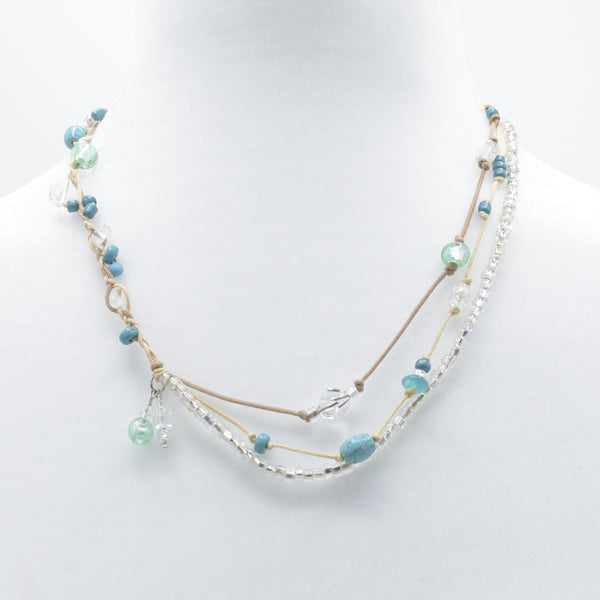 artisan hand crafted long necklace with 3 cotton cords braided and embellished with crystals and beads
