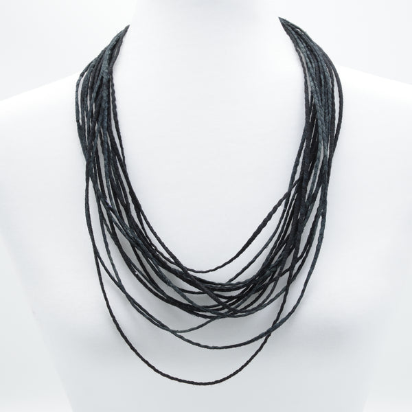 artisan hand crafted long necklace with 14 cords hand sewn from cotton batik fabric