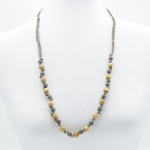 artisan hand crafted long necklace with 3 cotton cords braided and embellished with crystals and beads