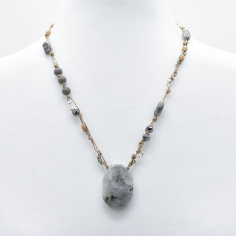 artisan hand crafted mid necklace with 3 cotton cords braided and embellished with crystals, beads and a stone drop